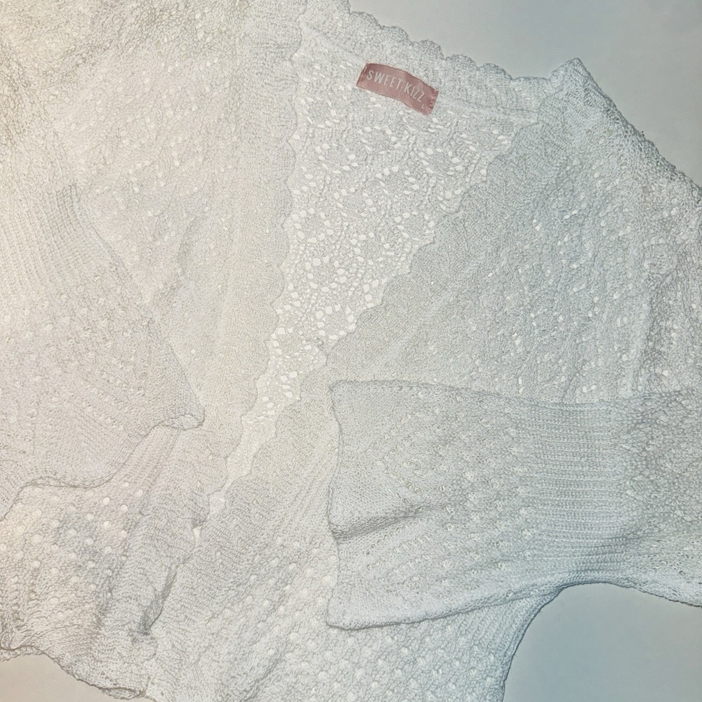 Sweet Kizz White Crochet Knit Cardigan Large Open Front Boho Cottagecore Scallop